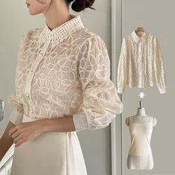 2024 New Fashion Autumn Spring Embroidery Flower Blouses Elegant Women Lace Doll Collar Single Breasted Office Loose Shirt Tops