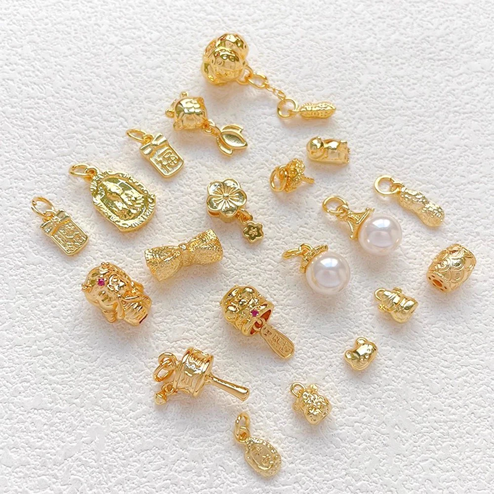 Brass Gold-plated Chinese Style Retro Fu Brand Flower Separated Bead Pendant DIY Jewelry Making Necklace Bracelet Accessory