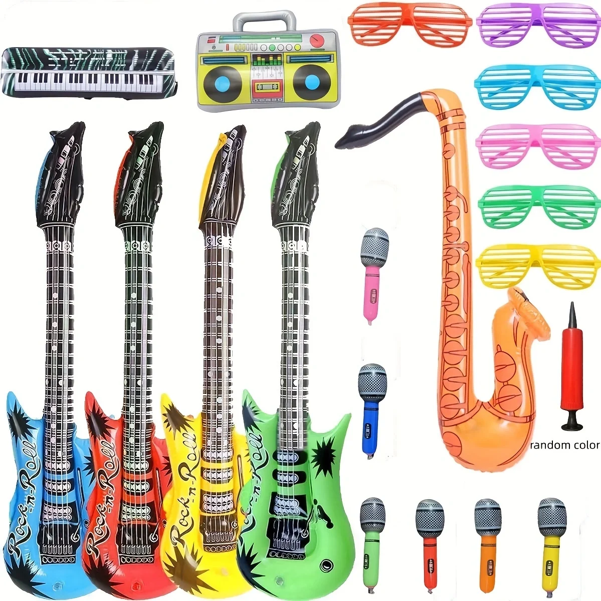 20 Pakket Bevat 6 Opblaasbare Microfoons, 4 Gitaren, 1 Saxofoon, 1 Toetsenbord, 1 Radio, 6 Glazen En 1 Pomp (Willekeurige Kleur)