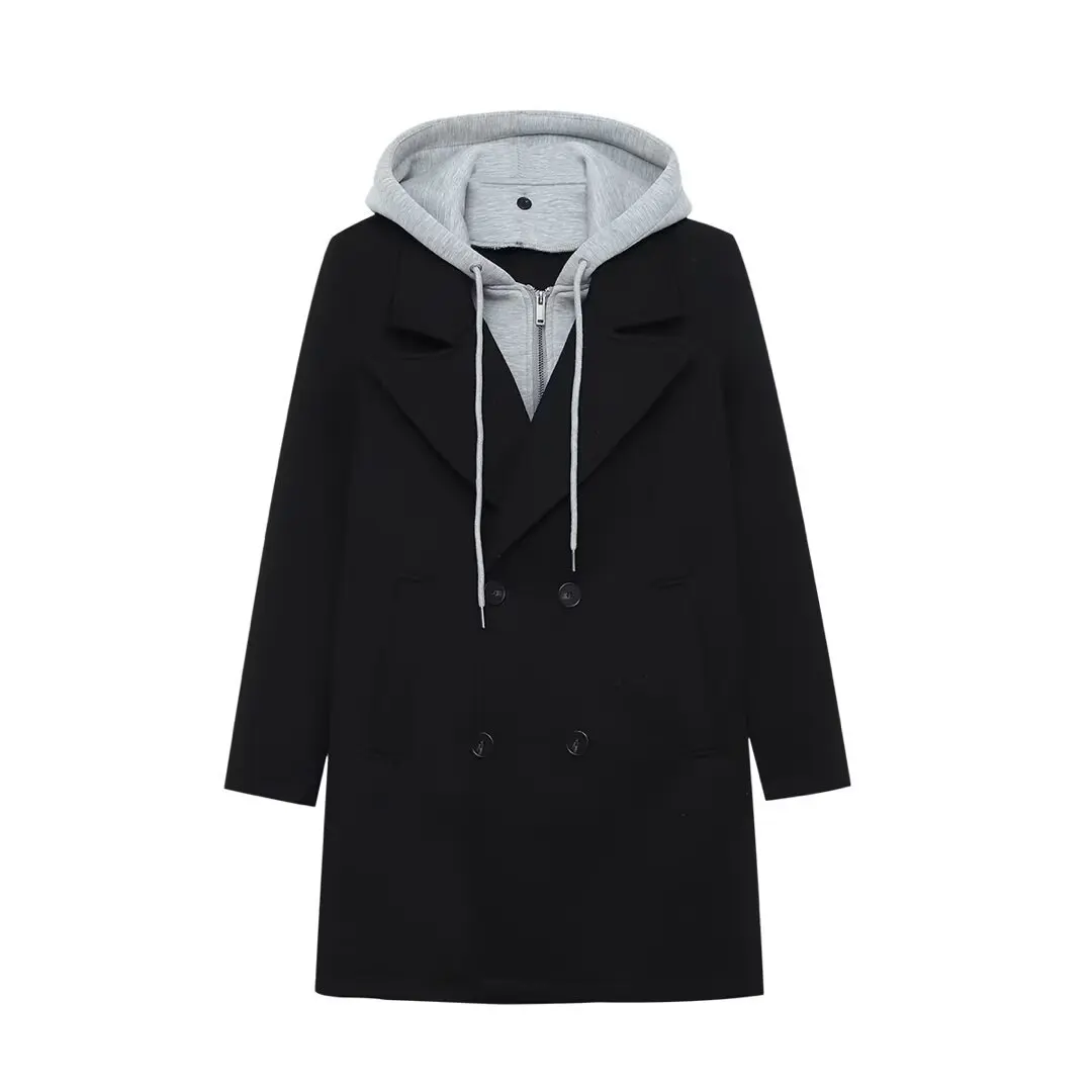 

Woman's Combined Hooded Coat Removable Combination Hood Long Sleeves Detachable Button Overcoat Fall New Female Fashion Outfit