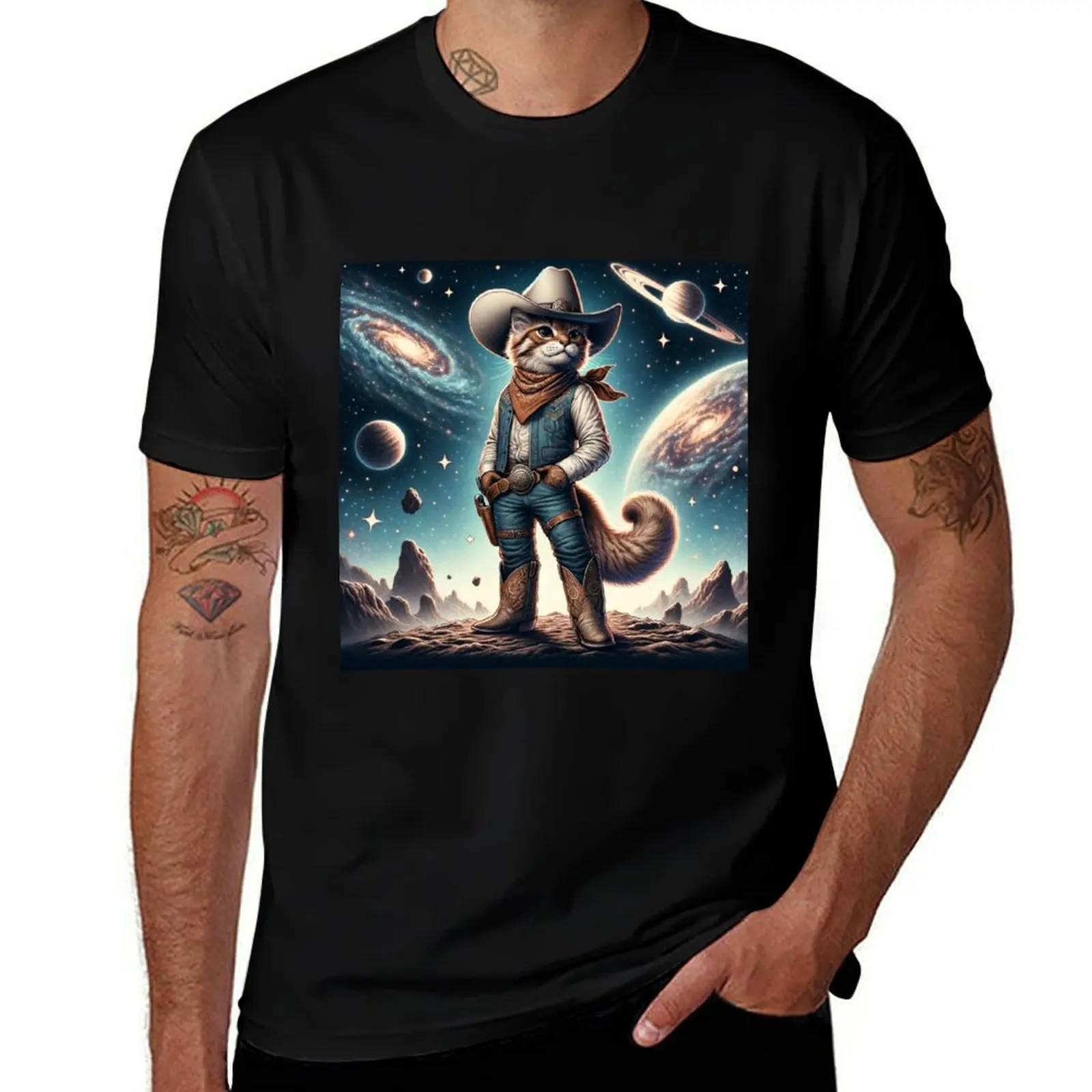 

Space Cat Cowboy T-Shirt customs oversized graphic tee T-shirts oversize Men's cotton t-shirt