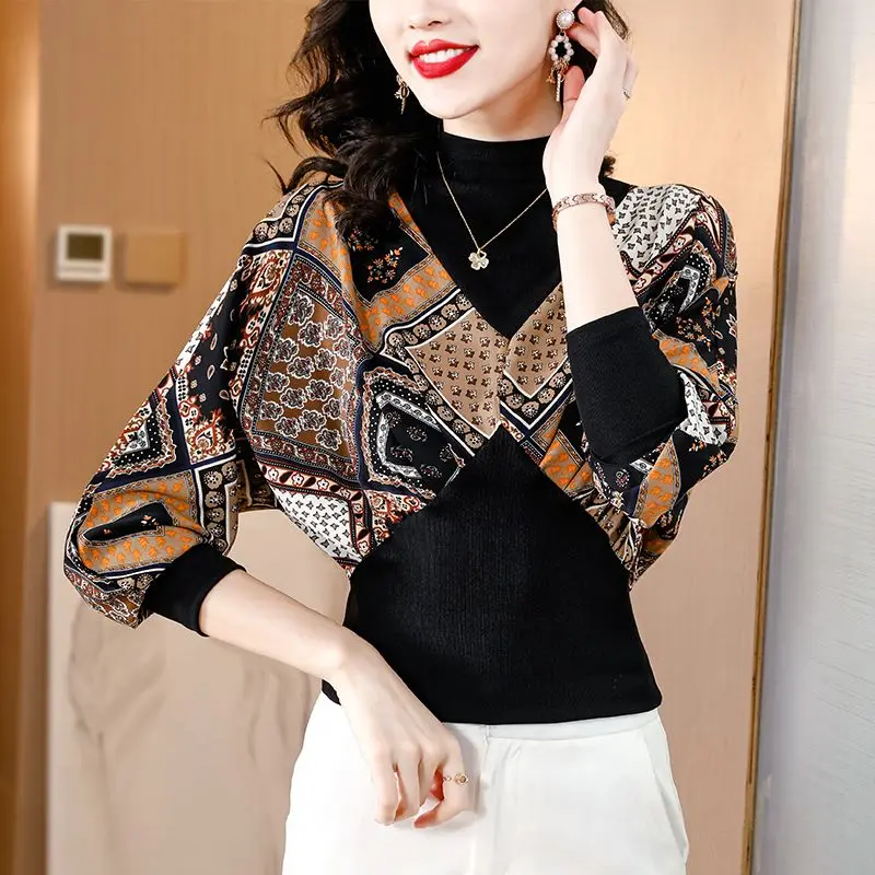 2023 Autumn New Half High Collar Fake Two Piece Fashion Leopard Long Sleeves Comfortable Waist Shirt Leisure Women's Underlay
