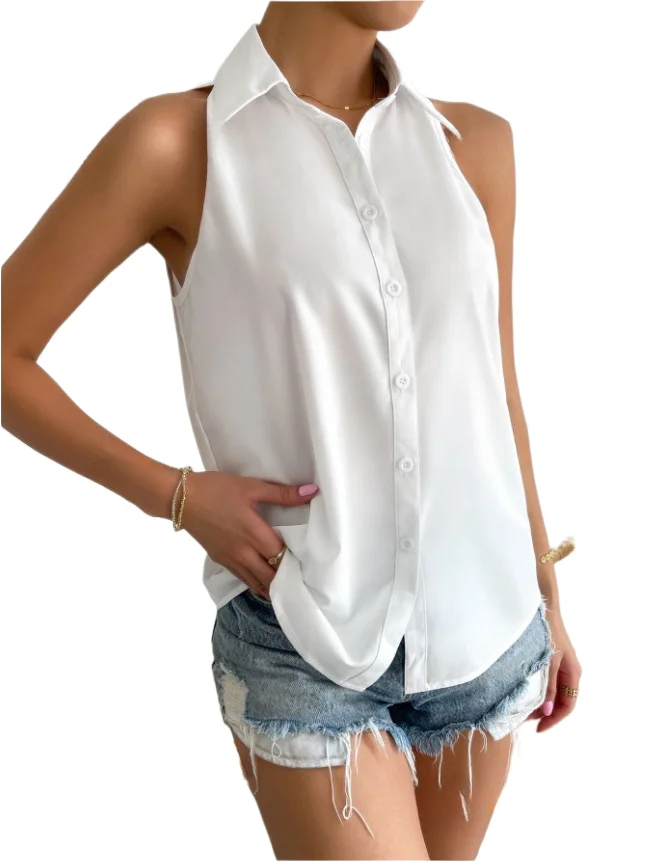 

Women Sleeveless Blouses Button Up Office Lady Shirts Solid Color Loose Tops Turn-Down Collar Elegant T-Shirts Blusas Para Mujer