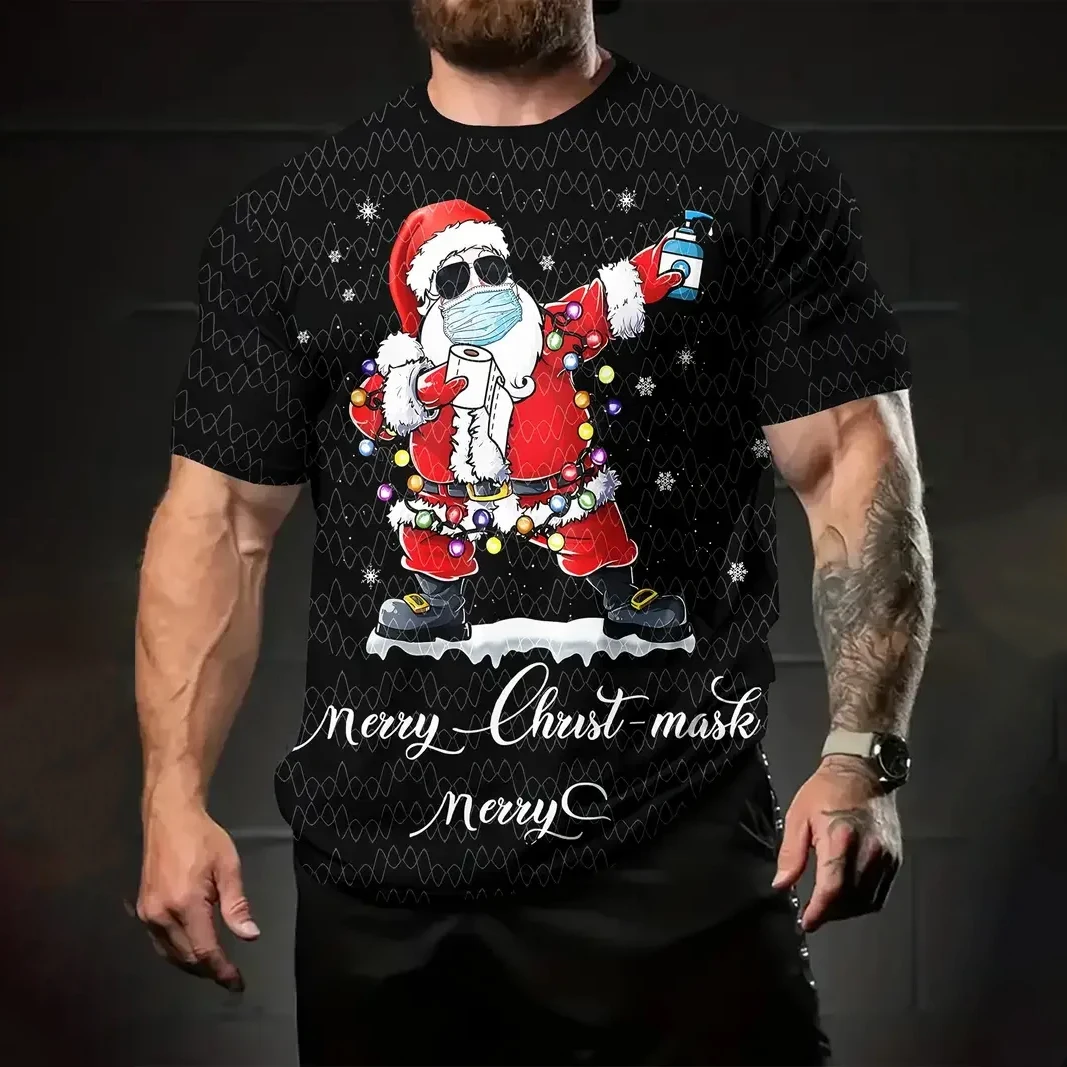 Christmas Men's T Shirt Santa Claus Elk Print Casual Short Sleeve Tee Street Fashion Crew Neck Pullover Male Oversized Clothing