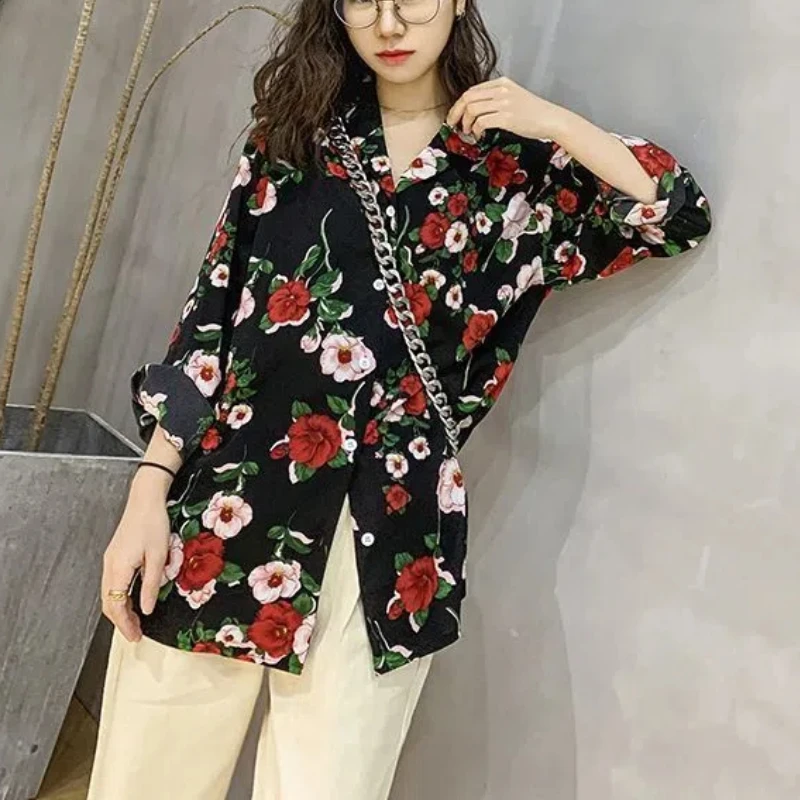 Fashion Casual 2024 Summer New Blouses Women Spliced Printed Plant&Flowers V-Neck Loose Retro Long Sleeve Single-breasted Shirts