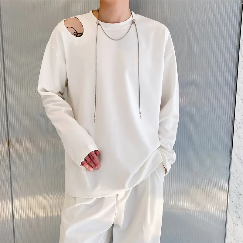 

Men's Round Neck Long Sleeve T-Shirt Spring Personalized Hollow Off Shoulder Design Versatile Trend Loose Casual Top