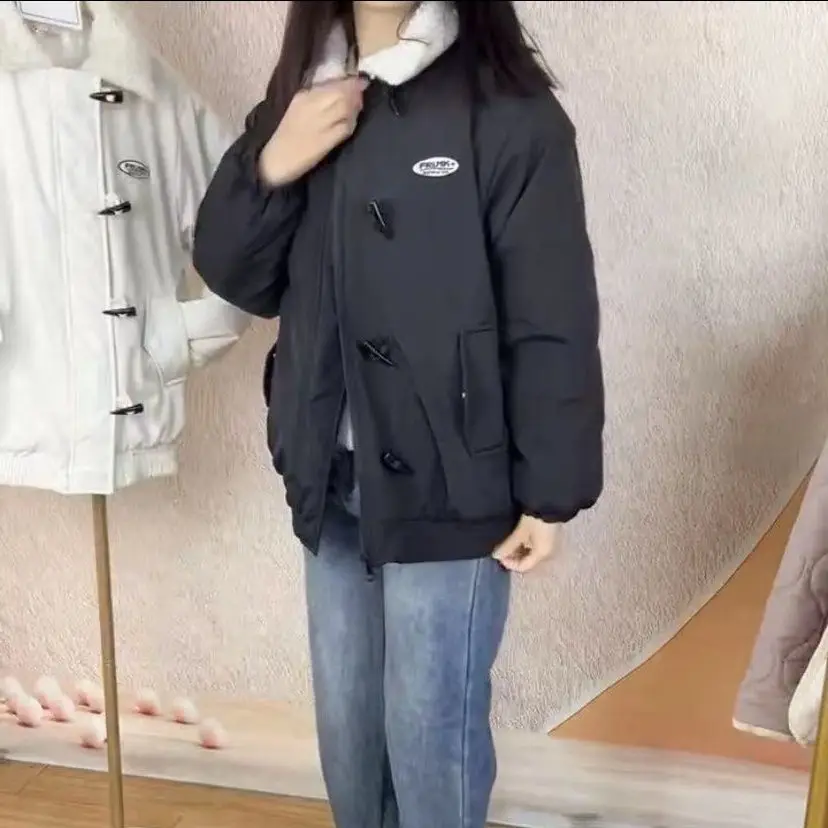 Autunno e inverno nuove donne parka imbottiti moda coreana colletto rovesciato manica lunga fibbia in corno cappotti caldi casuali