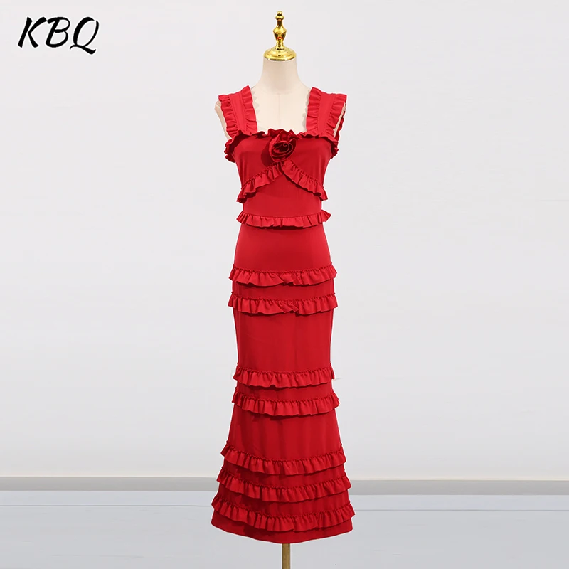 

KBQ Solid Slimming Spliced Appliques Long Dresses For Women Square Collar Sleevless High Waist Elegant Dress Female Fashion New
