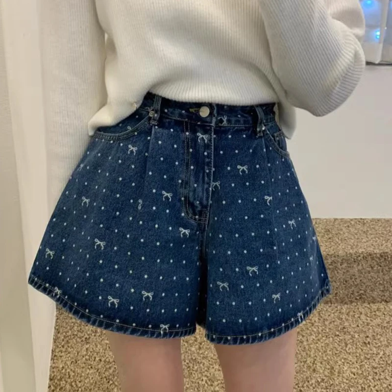 بنطلون جينز نسائي صيفي أنيق مطبوع عليه نقاط البولكا بخصر عالٍ وواسع الساق شورتات جينز نسائية بعقدة على شكل فراشة ملابس متعددة... #4