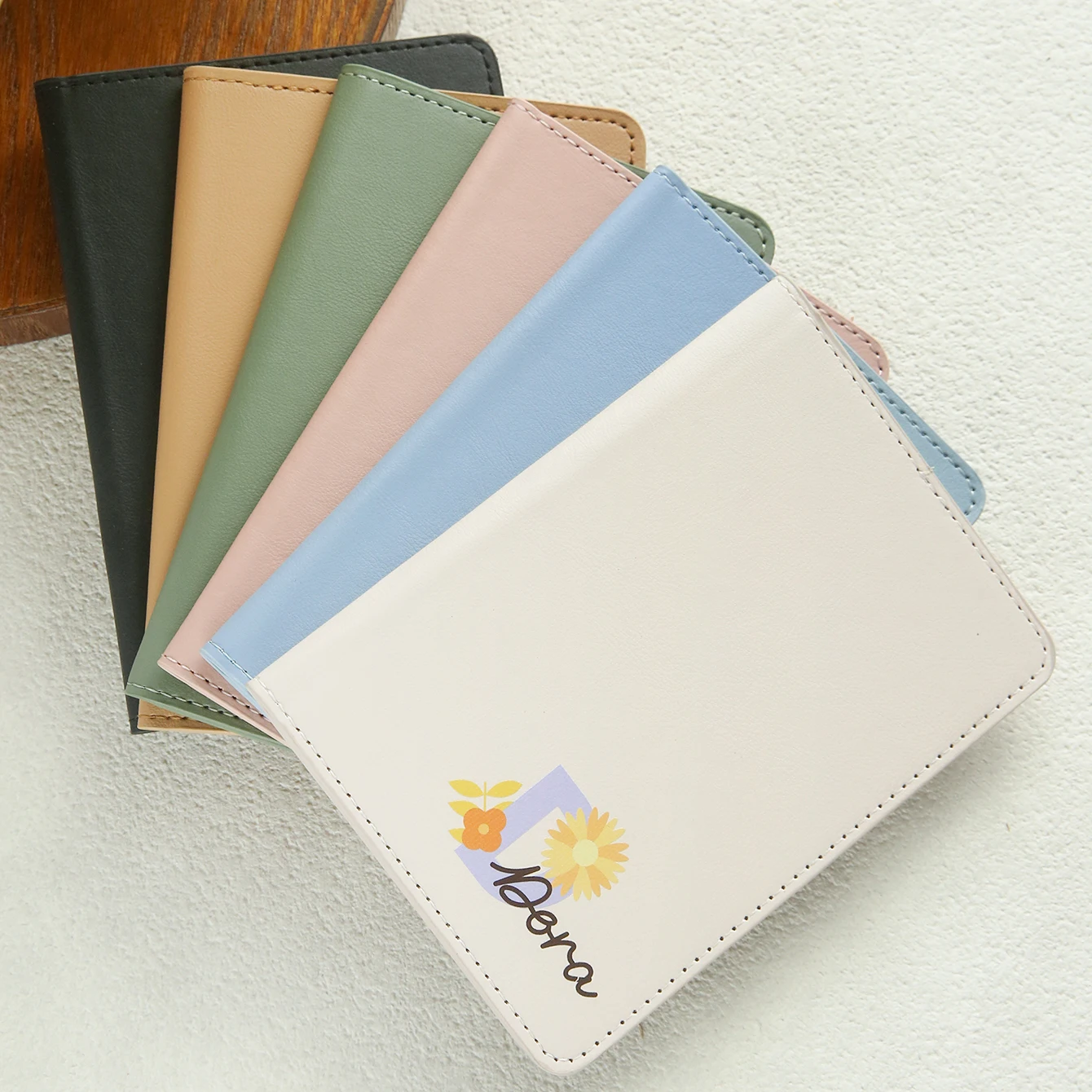 Custom A-Z Initial Floral Daisy Print PU Leather Passport Cover Multi Card Slot Cute Pastel Solid Leather Travel Document Holder