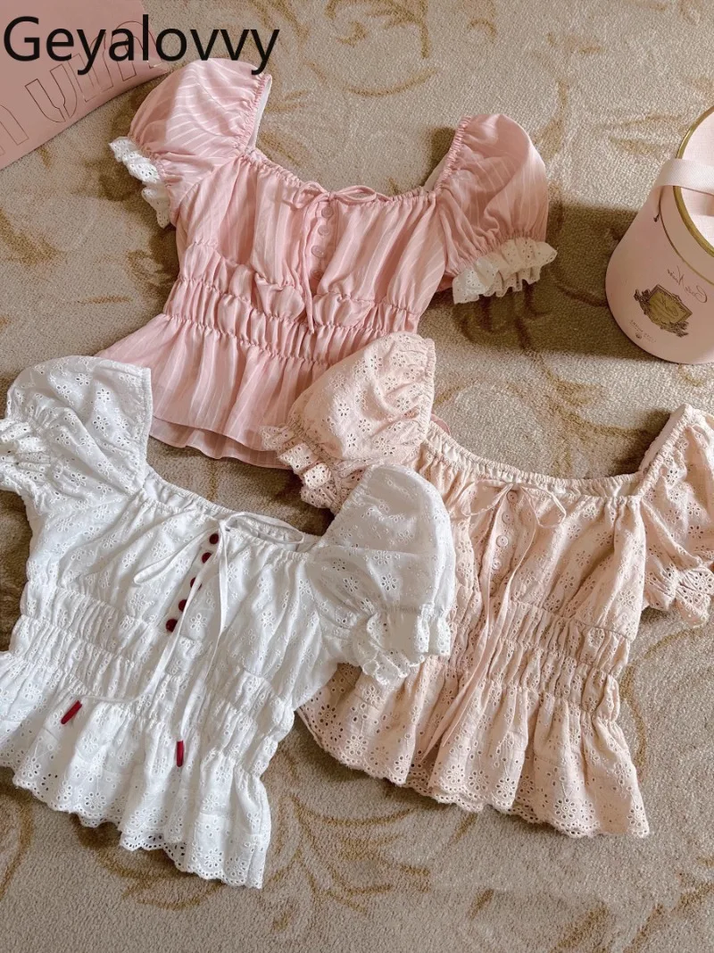 

Summer New Versatile High Waist Bubble Short Sleeve Shirt Cute Female Blouse Sweet Chic Square Neck Versatile Tops Camisas