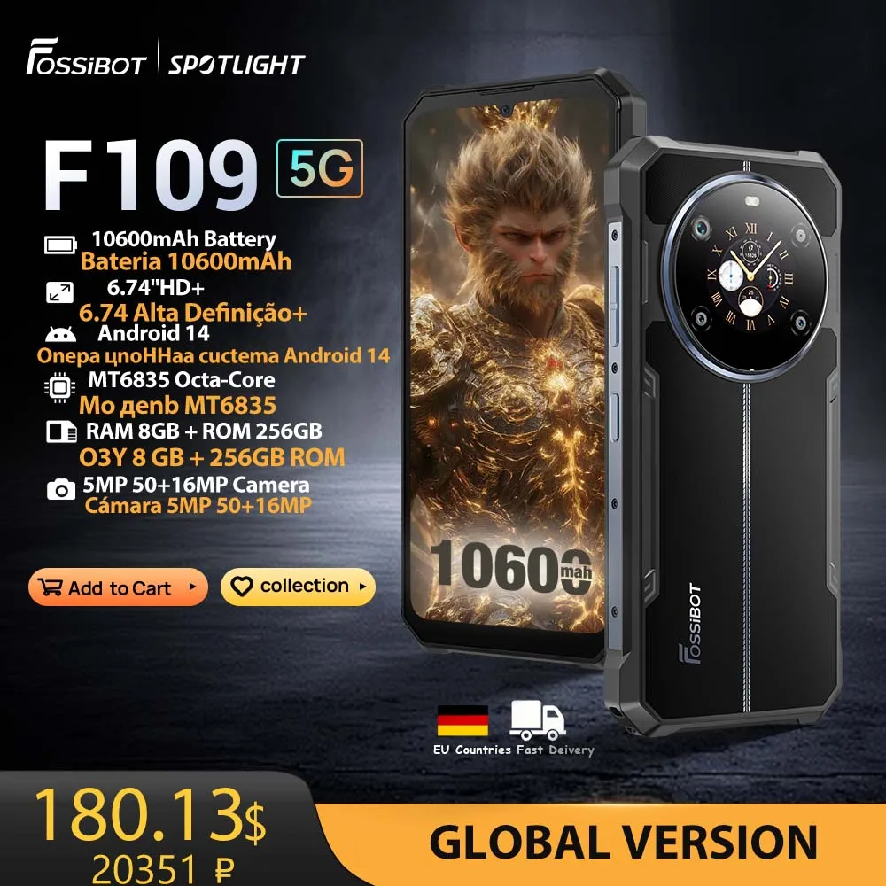 [World Premeire] FOSSiBOT F109,5G Rugged Smartphone,Android 14 10600mAh,24GB RAM(8GB+16GB),256GB ROM,NFC,Face ID Cell Phone