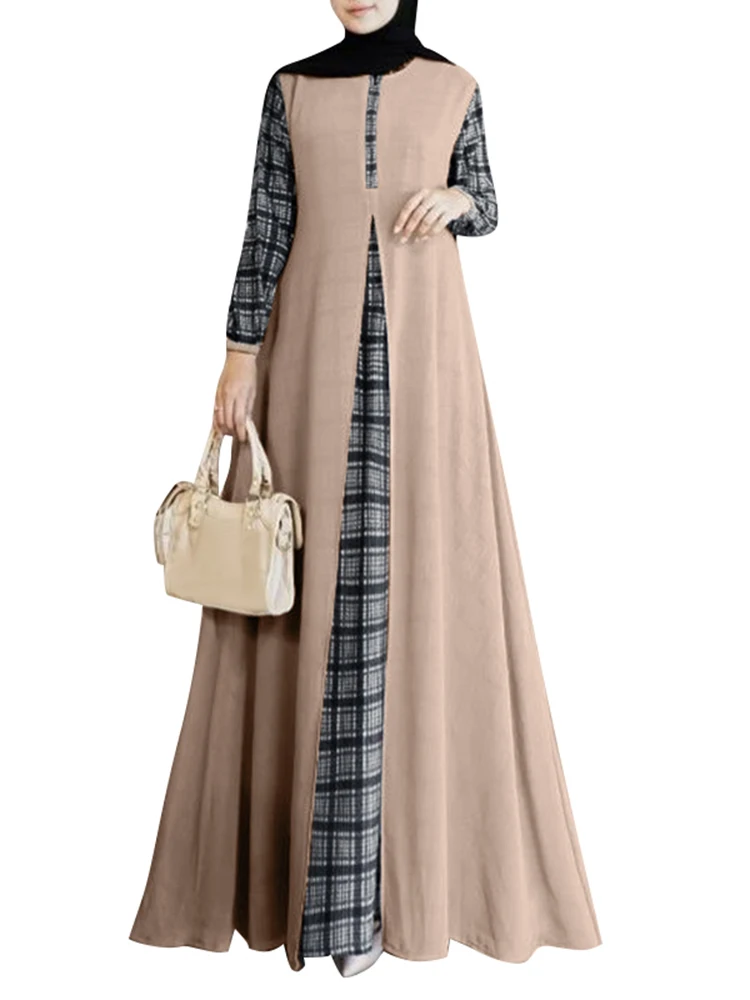 2024 ZANZEA Jesienna muzułmańska sukienka z długim rękawem w kratę Kobiety Patchwork Maxi Dress Robe Femme Eid Mubarek Hijab Vestido