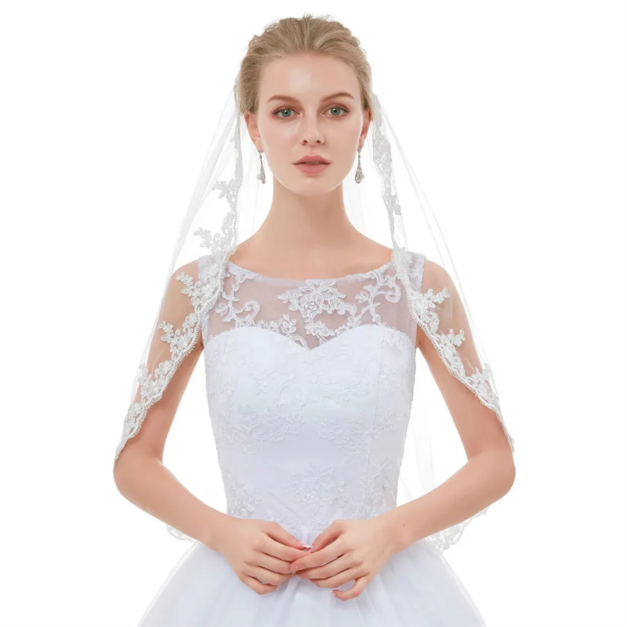 White Ivory One Layer Fingertip Bridal Veil Lace Edge Wedding Veils with Comb vail  velos de novia