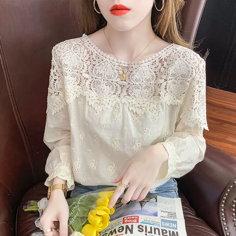 女性のためのシックなレースの刺繍が施された長袖シャツ,セクシー,透かし彫り,ファッショナブル,カジュアル,シンプル,ルーズ,無地,新しい秋のコレクション