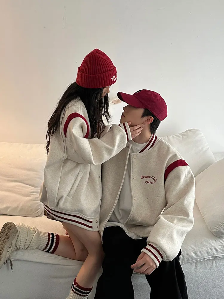 

Couples Casual Loose Color Blo Woolen Baseball Jaet Autumn Winter Versatile Outerwear Comfortable Breathable Faionable