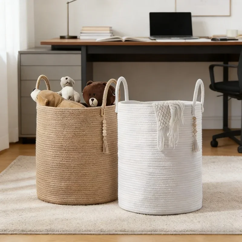 

Большая корзина для хранения из веревки, контейнер для грязного белья, органайзер для игрушек, подходит для спальни, гостиной, балкона, отличное качество