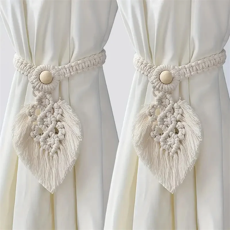 Elegant Boho Handmade Braided Cotton Rope Curtain Ties, Bohemian Leaf Tassel Curtain Fasteners, Home Window Interior Decor