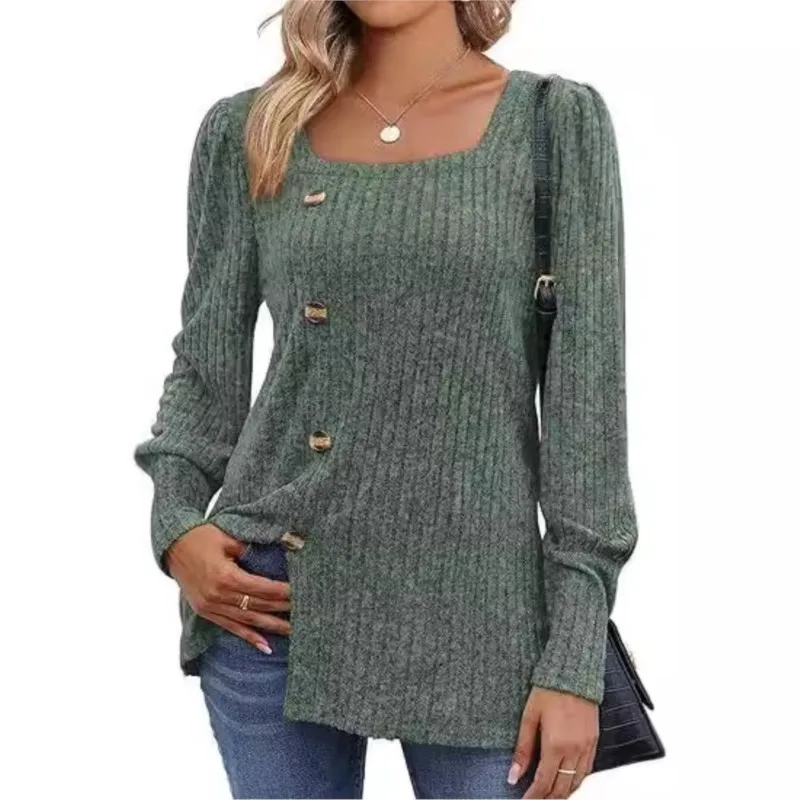 

Women's Autumn And Winter Pit Striped Square Neck Bubble Long Sleeved Slit Sweater T-shirt Solid Color Button Irregular Pullover