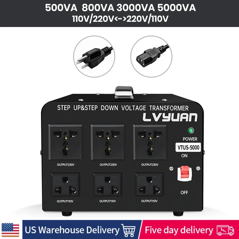 500VA-5000VA Heavy Duty Step Up/Down Transformer LVYUAN Voltage Converter Transformer with US&EU Outlet 5V USB Port CE Certified