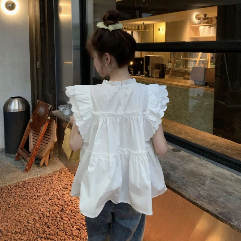 Ruffles Blouse for Women Cute Streetwear Breathable Summer Solid Leisure Y2k Aesthetic Korean Style Teenagers Baggy Ruched Sweet