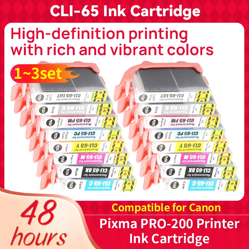 1~3set CLI-65 CLI65 ink Cartridge Compatible for For Canon Pixma pro-200 Printer Color INK CARTRIDGE BK,C,M,Y,PC,PM,GY,LGY