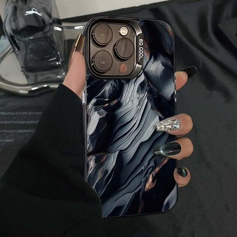 

Black stone pattern phone case for iPhone 16 15 14 13 12 11 Pro/ Max/Plus shock-proof rear cover anti-fingerprint