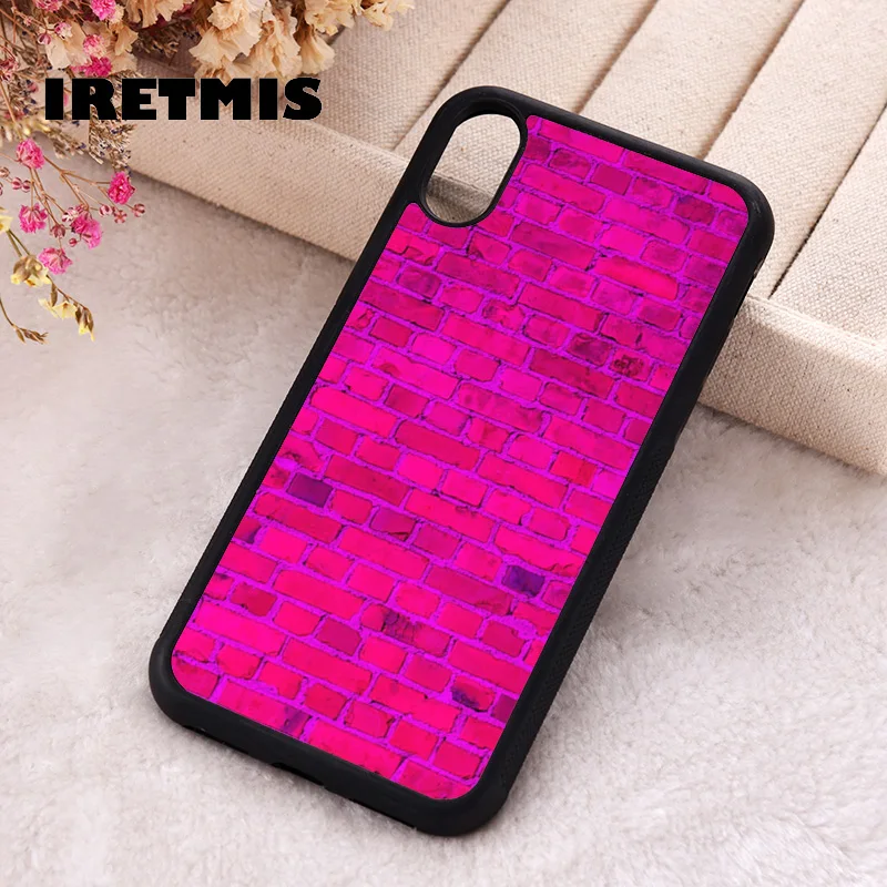 Iretmis Phone Cover Case For iPhone X XS Max XR 11 12 13 PRO MINI 14 15 16 Plus Rubber Silicone Bright Neon Pink Brick Wall