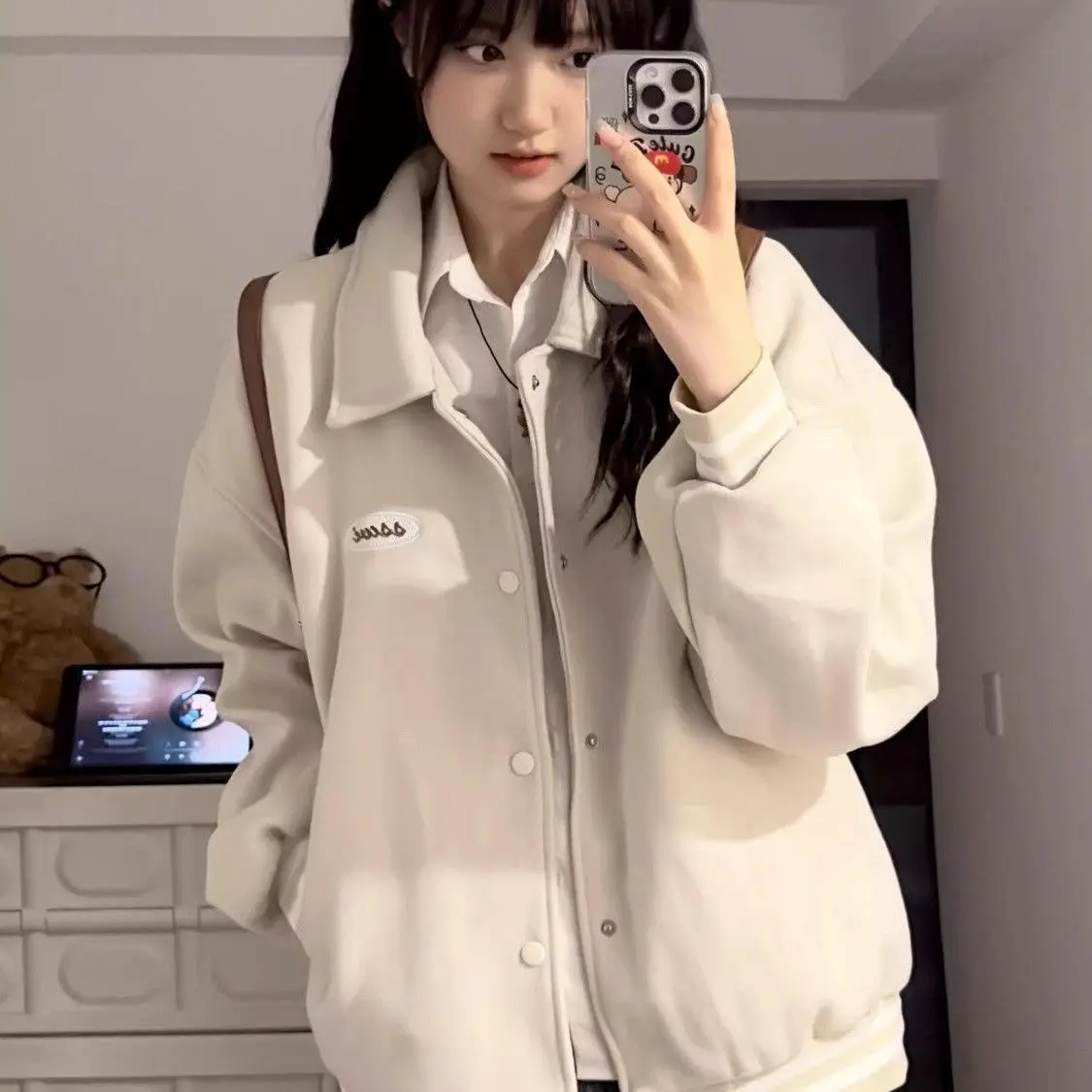 

American Sle Retro Baseball Jaet Women's Loose Design Casual Turn-down Collar Fce-lined Faionable Top for Autumn Winter