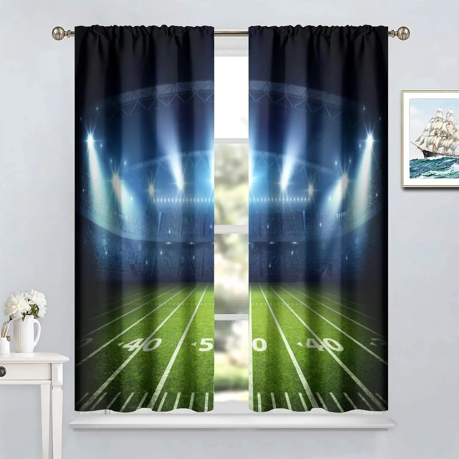 Sports Curtains for Kids, American Football Stadium Arena Sport Field Night Spotlights Boys Men Gaming Rod Pocket Window Drapes