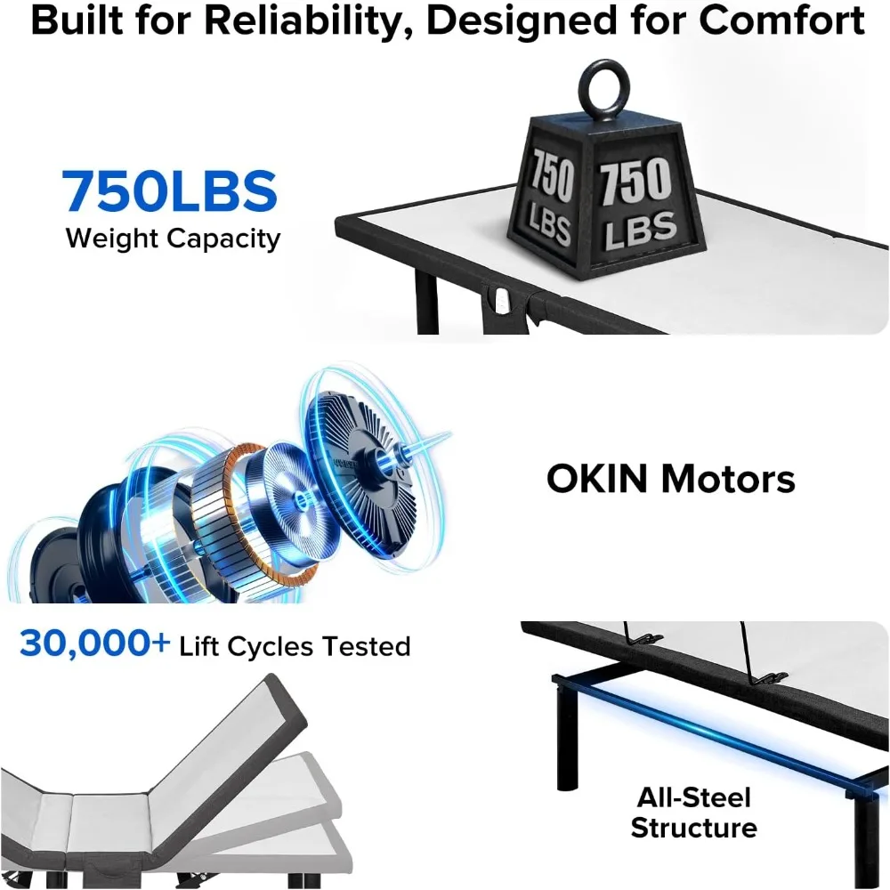 إطار سرير مريح بحجم كوين قابل للتعديل مع انعدام الجاذبية، والتدليك، ومنحدر الرأس والقدم، وجهاز تحكم عن بعد لاسلكي #6