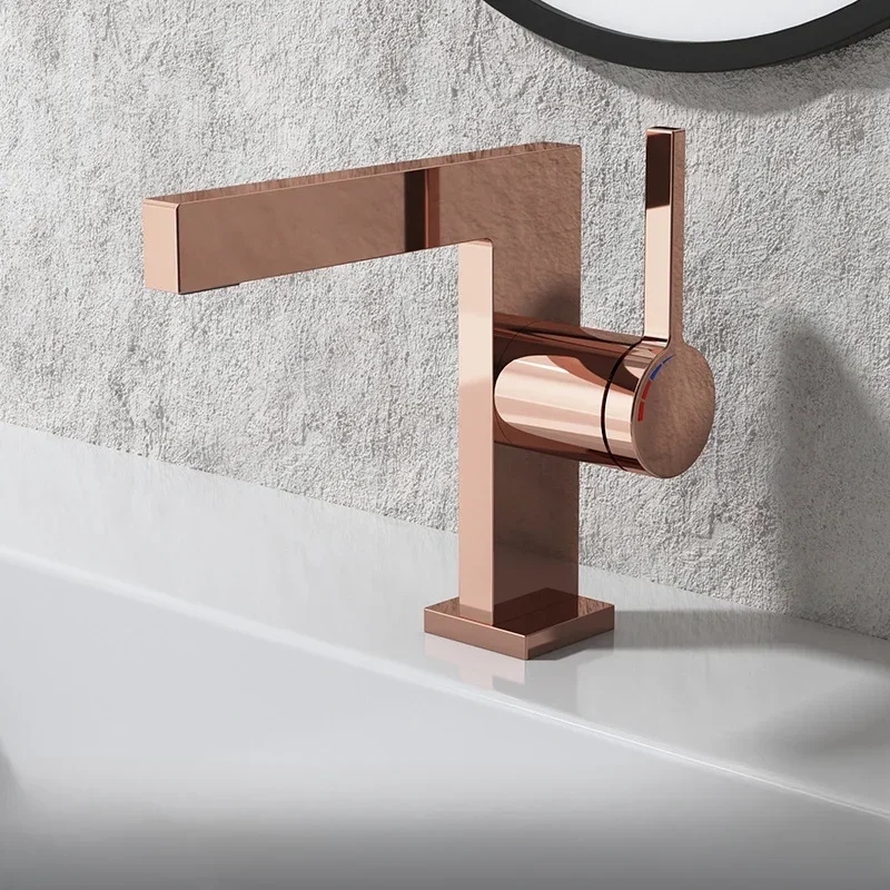 Polished Rose Gold Brass Square style Bathroom Basin Faucet  Water Mixer Tap