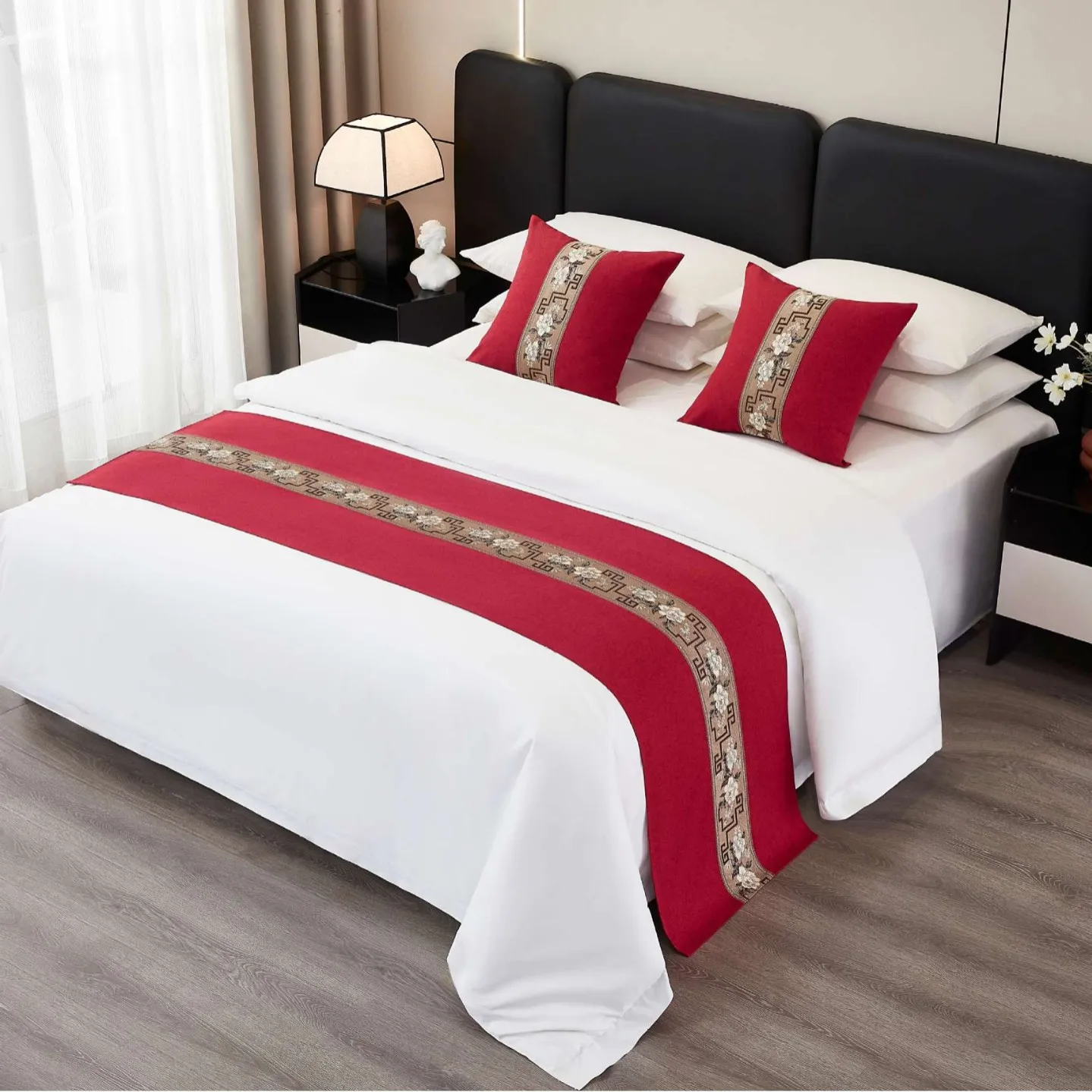 New Chinese-style Peony Flower Woven Ribbon Bed Runner Homestay Hotel Bed Cover Hotel Bed Decoration Throw Pillow Case