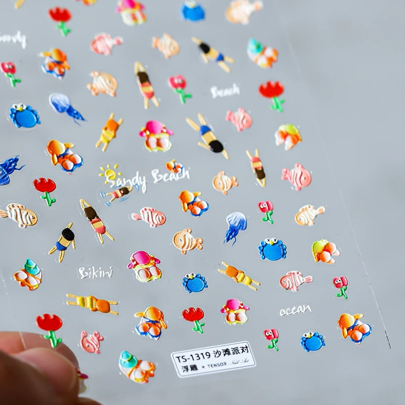 summer beach nail sticker high quality 5D soft embossed design self-adhesive manicure decorative stickers jellyfish nail sticker
