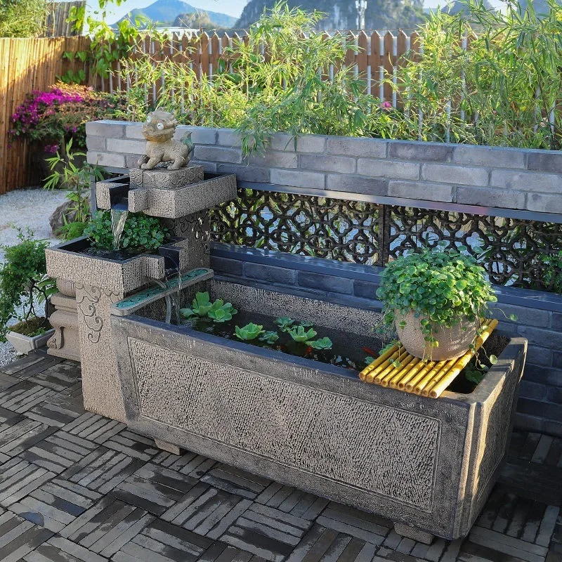 Chinese-style flowing water ornament, courtyard, garden, balcony, outdoor layout, landscaping, fish pond, water feature, small f