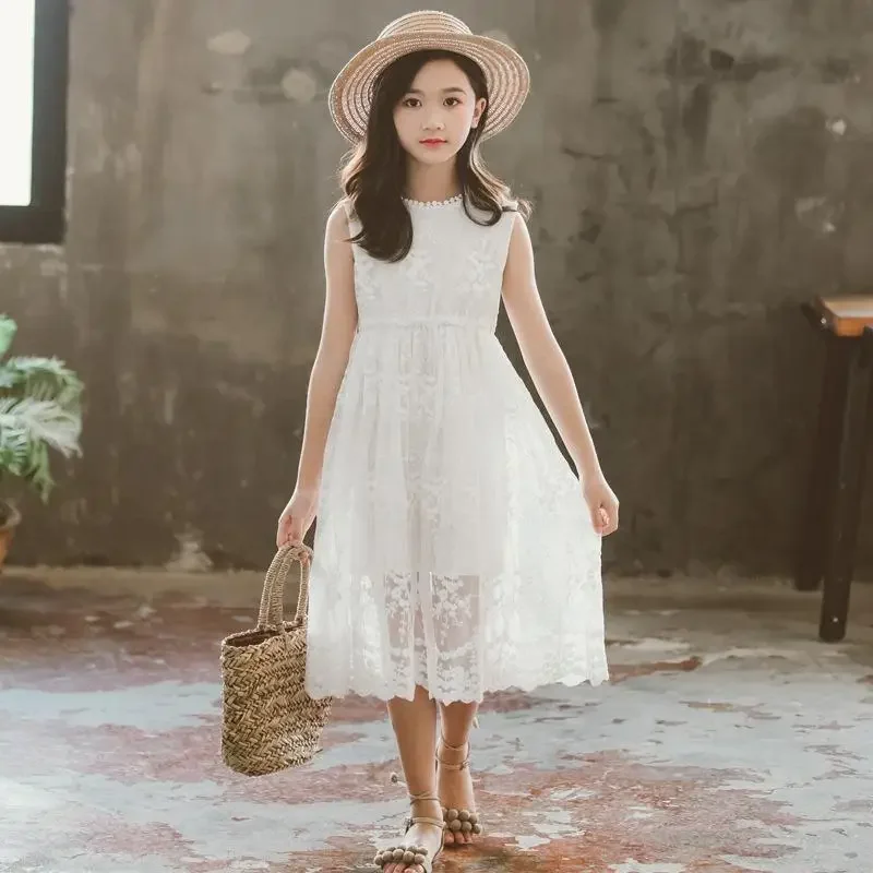 2024 Dress Girl Summer 2 6 8 10 To 12 Years Old Childrens Party Lace Princess Dresses for School Casual White Dress Kids Clothes