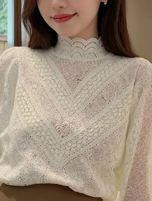 

Блузки женские, элегантные, кружевные, с воротником до половины, облегающие, однотонные, осенние, в французском стиле, минималистичные, изящные, универсальные топы