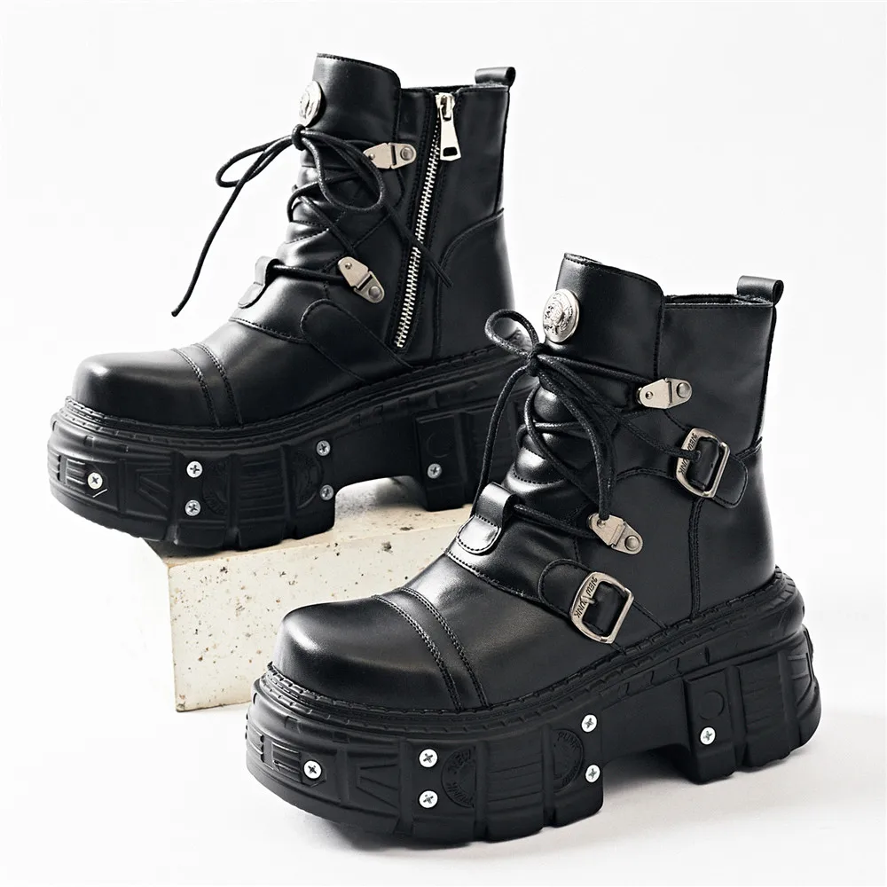 New Fashion Women Punk Round Toe Ankle Boots  Lace-Up Thick Bottom Metal Decoration Shoes Buckle Strap Party Footwear Black