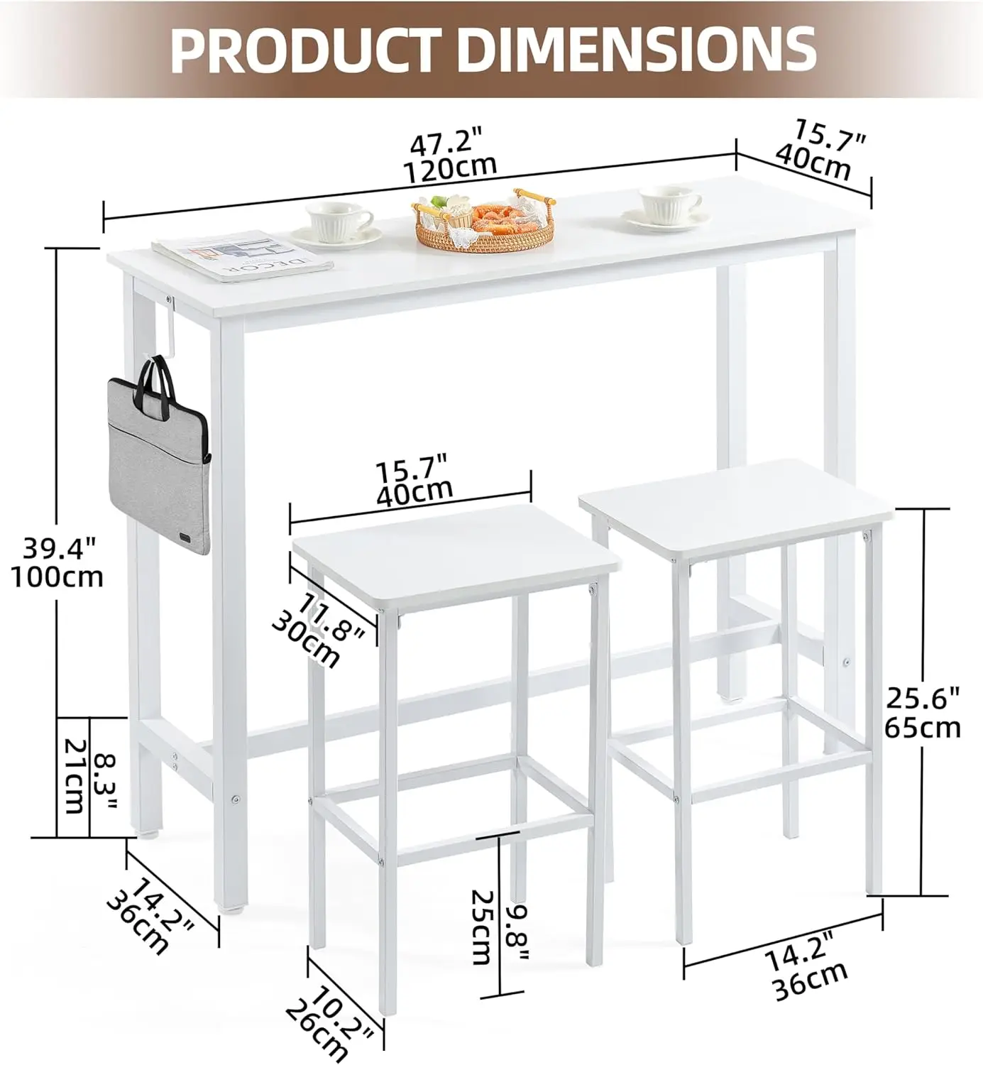 Bar Table Set, 47" Pub Table High Top Table, Rectangular Bar Height Table, Bar Table with Stools, Kitchen Table Set for 2, Indus
