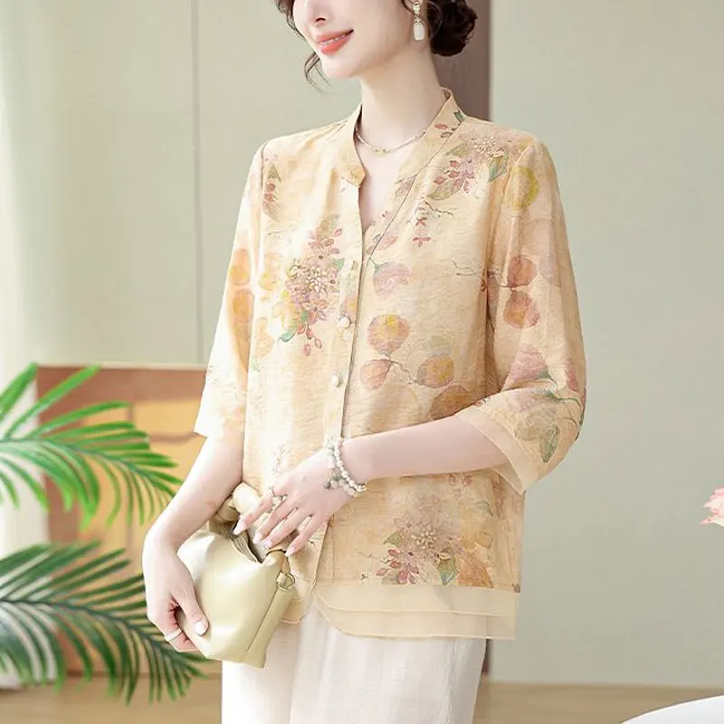 Stylish Patchwork V-Neck Blouse Female Clothing Single-breasted Summer Casual 3/4 Sleeve Basic Loose Vintage Folk Printed Shirt