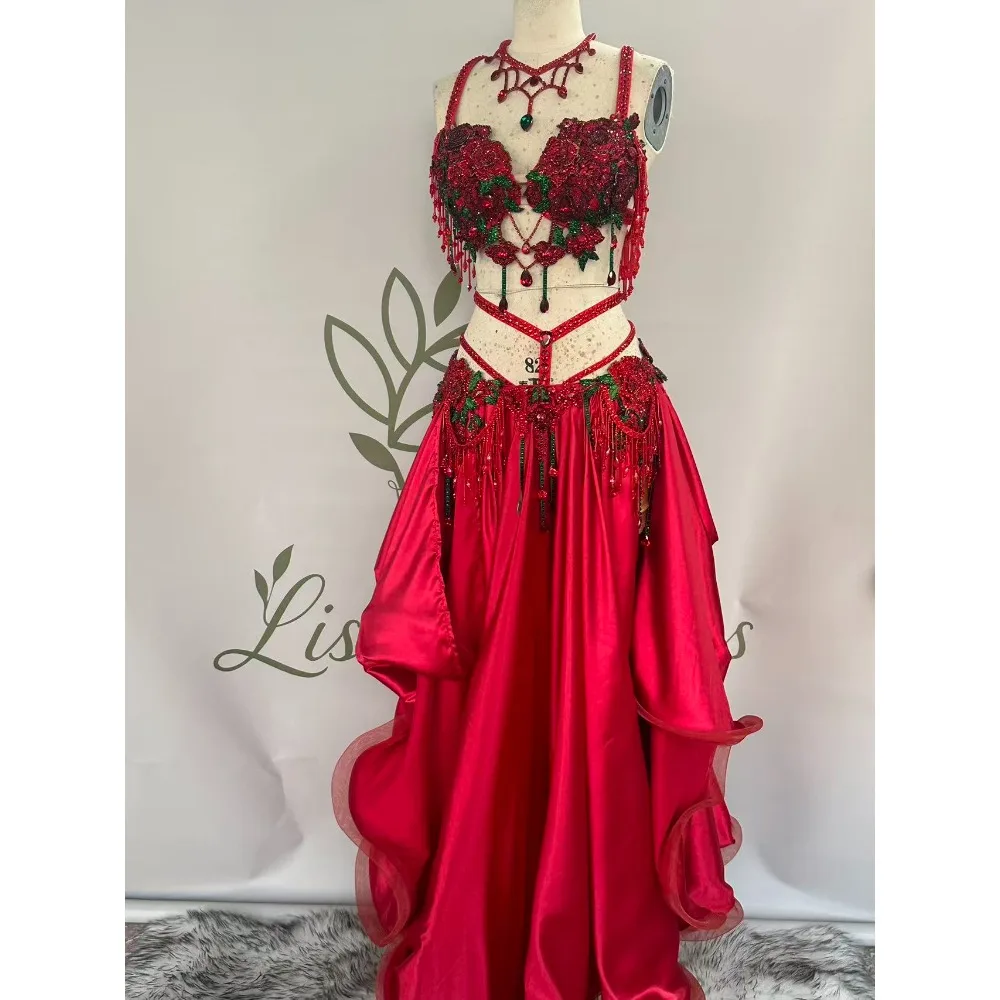BellyDance Suit Embroidery Diamond Bra Split Fishtail Skirt Performance Set Custom Adult Child Competition Clothing Accessories