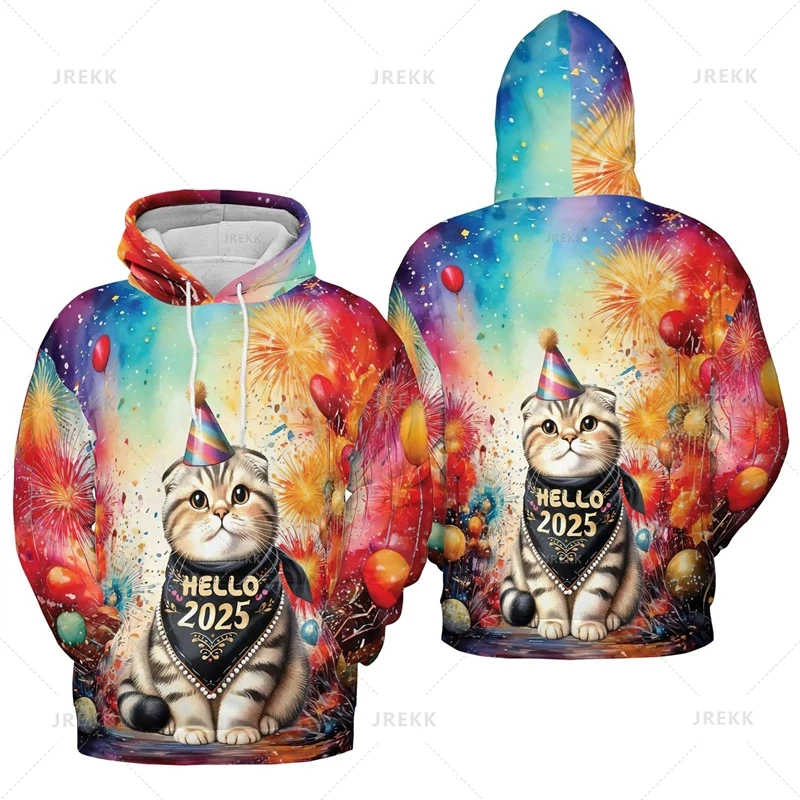 HAPPY NEW YEAR 2025 3D Printing Hoodies Firework Hello 2025 Graphic Hooded Sweatshirts Unisex Fashion Pullovers Hooded Hoody Top