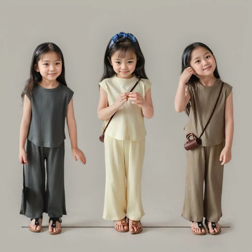 Girls' Summer Suit, Medium and Small Children's Ice Silk Threaded Sleeveless Vest, Trousers Suit, Casual Two-piece Set