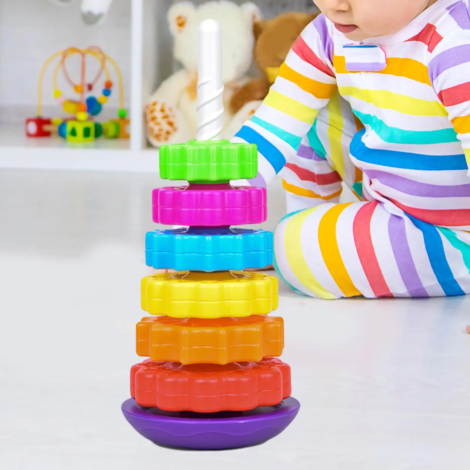 Apilador de anillos de arcoíris giratorio para bebé, juguetes apilables para fiesta del Día de los niños