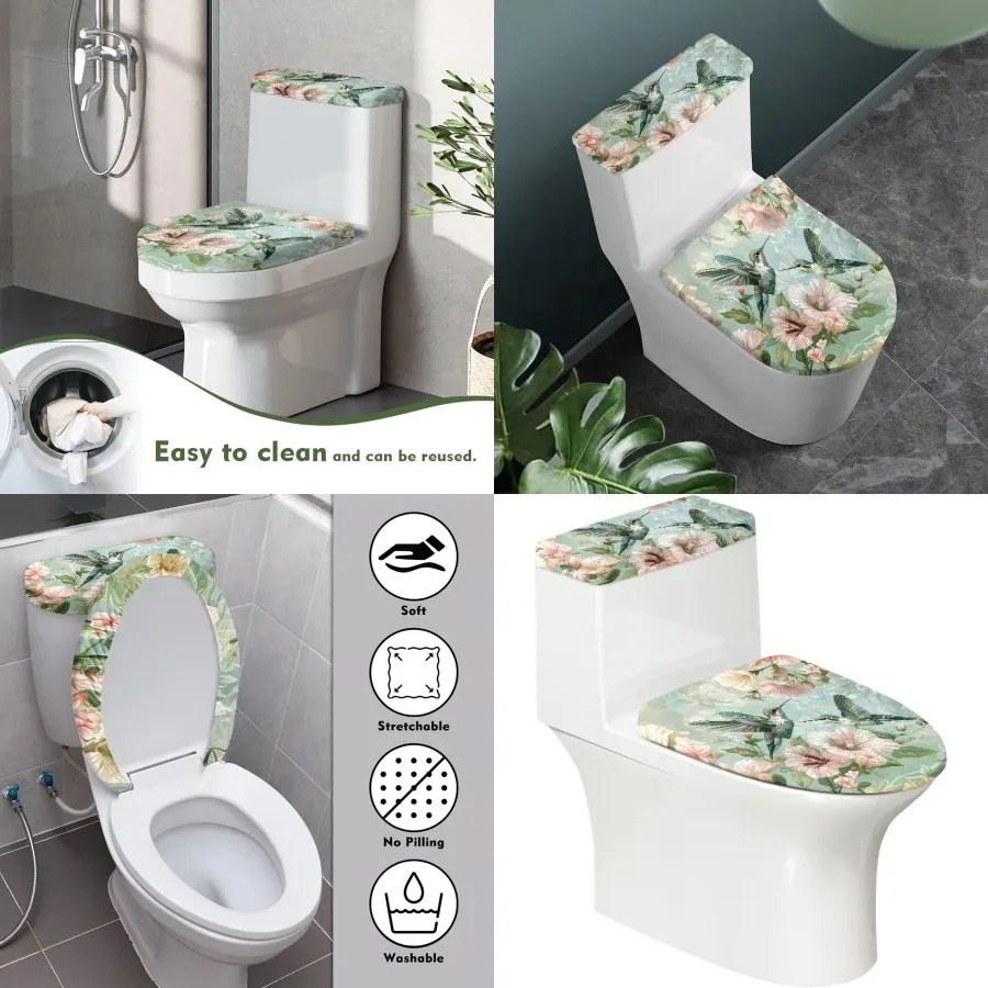 

Pink Toilet Lid Cover with Blue Iris Floral Design for Bathroom Stretchable Toilet Tank Cover and Seat Lid Cover Set Durable an