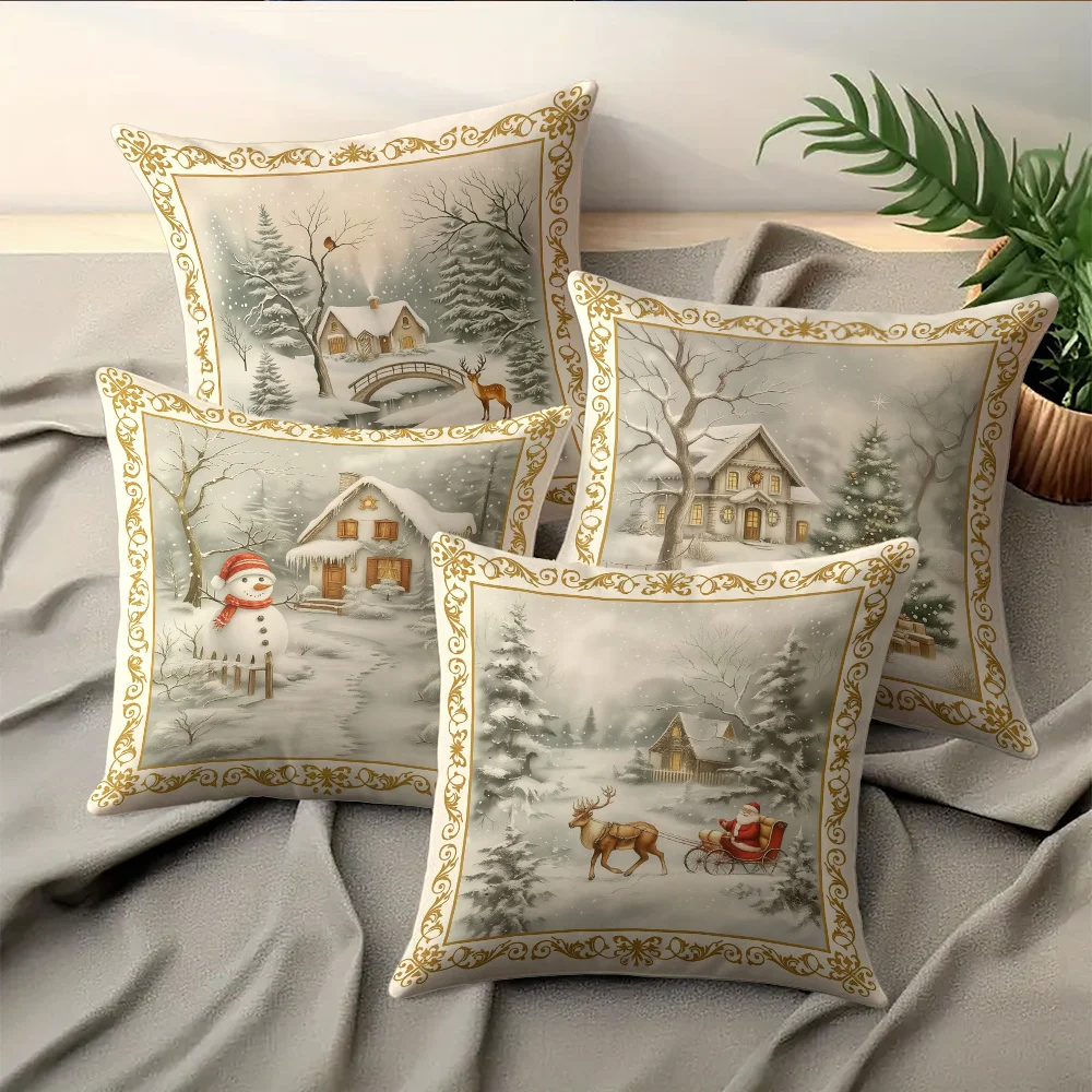 4-Piece Winter Village Throw Pillow Covers Set - Cozy Snowy Cabin & Sleigh Scene Decor for Living Room
