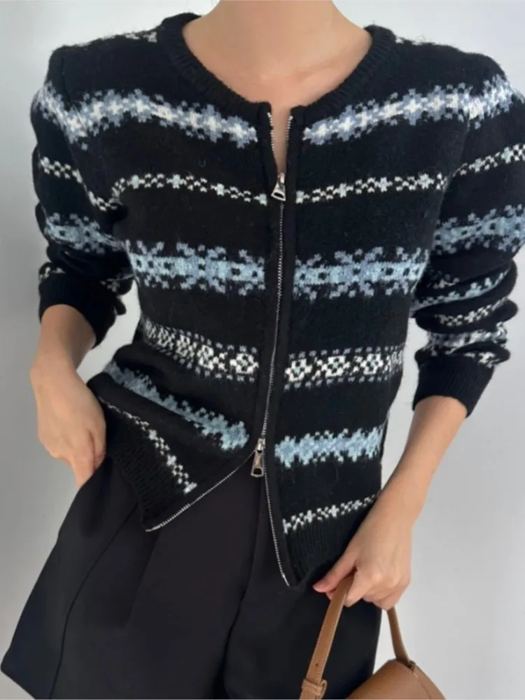 Cárdigan de punto de otoño para mujer, cárdigans recortados con estampado Floral a la moda para mujer, suéter informal holgado de estilo coreano para mujer, abrigos