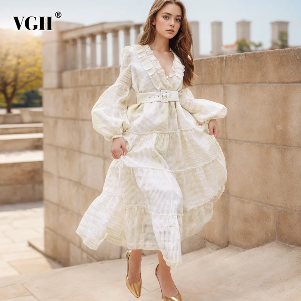 

VGH Solid Patchwork Ruffles Elegant Dresses For Women V Neck Long Sleeve High Waist Spliced Belt Dress Dress Female Fashion New