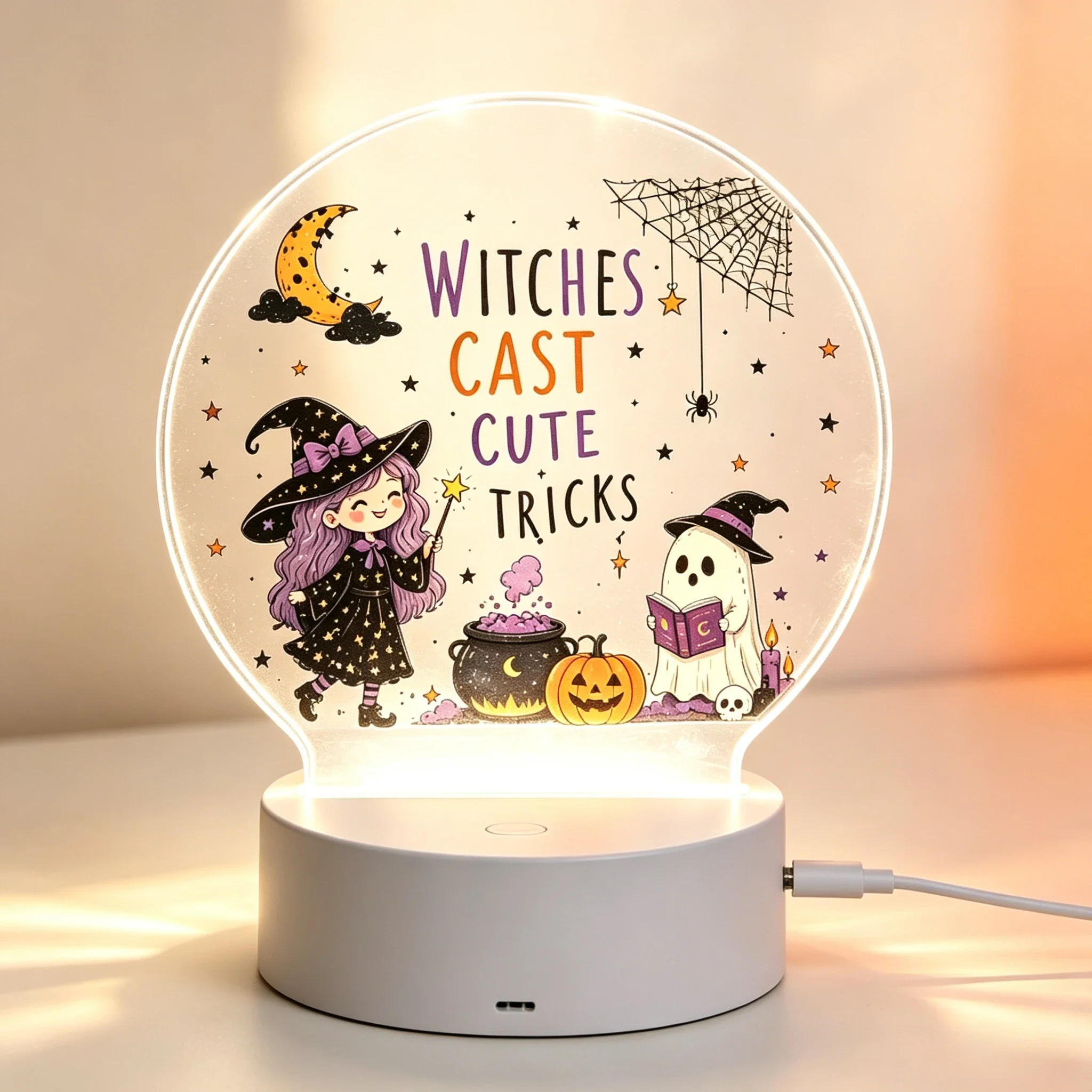 Crescent Moon Spider Web USB Night‑Light, Pumpkin Cauldron Desktop Table Decor,Whimsical Halloween Witch Nightlight, Holiday Gift For Kids