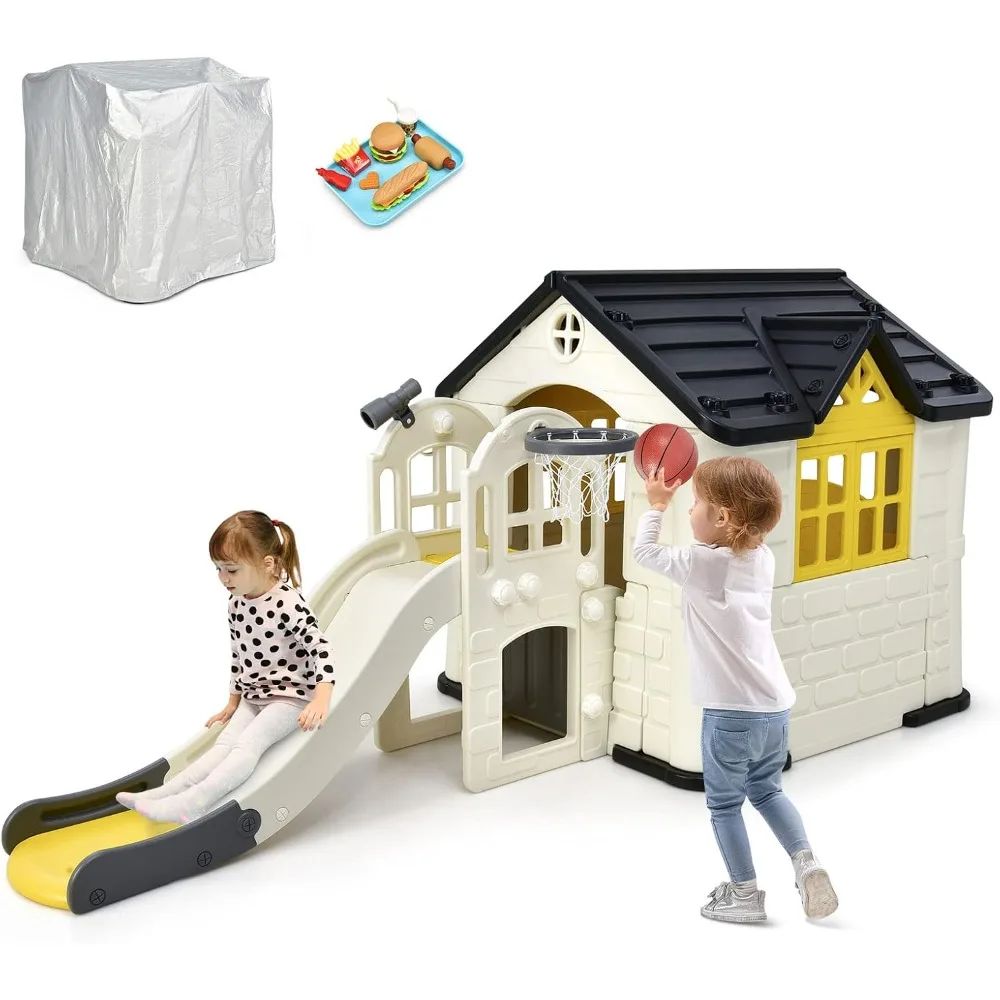 Kids Playhouse and Slide Set, 7 in 1 Outdoor Cottage Pretend Playhouse with Working Doors and Windows, Picnic Table, Toy